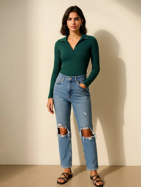Women Emerald Rib Polo Style V-Neck Top