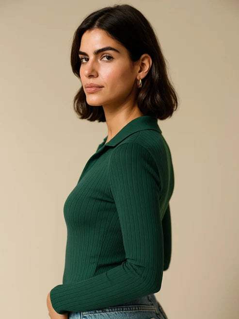 Women Emerald Rib Polo Style V-Neck Top