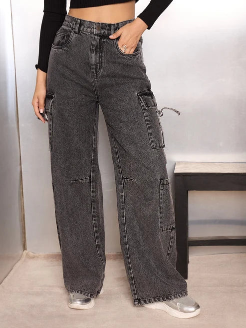 Women Grey Washed Cargo Jeans