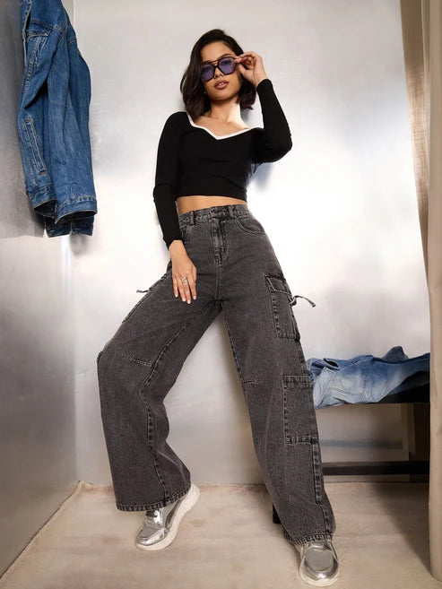 Women Grey Washed Cargo Jeans