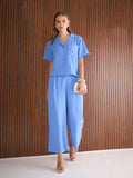 Women Blue Notch Collar Top With Straight Pants