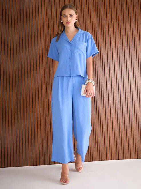 Women Blue Notch Collar Top With Straight Pants