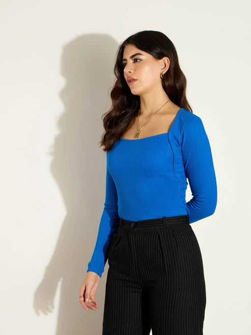 Royal Blue Ribbed Square Neck Full Sleeves Top