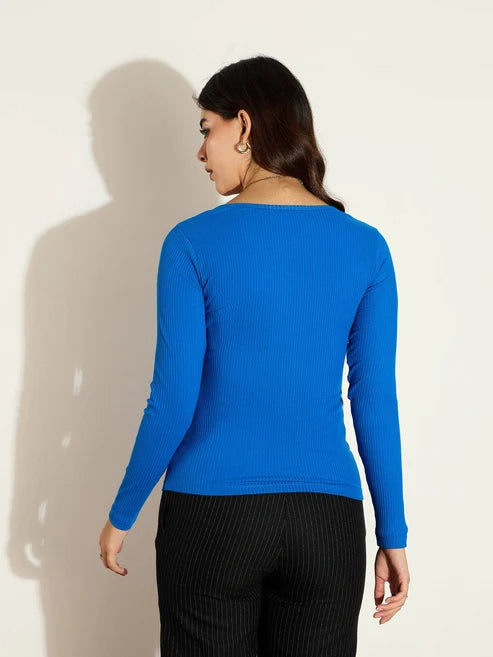 Royal Blue Ribbed Square Neck Full Sleeves Top